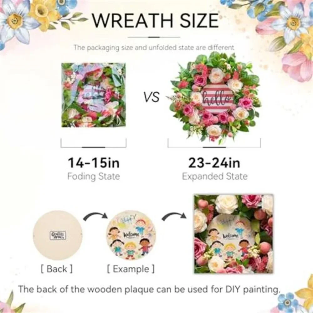 Spring Wreath Peony & Rose Floral Summer Wreath with Pink Peach, 24 Inch